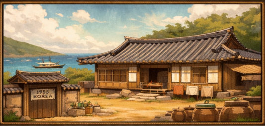 Illustration of a peaceful Korean seaside village in 1955, My EverBlooming story